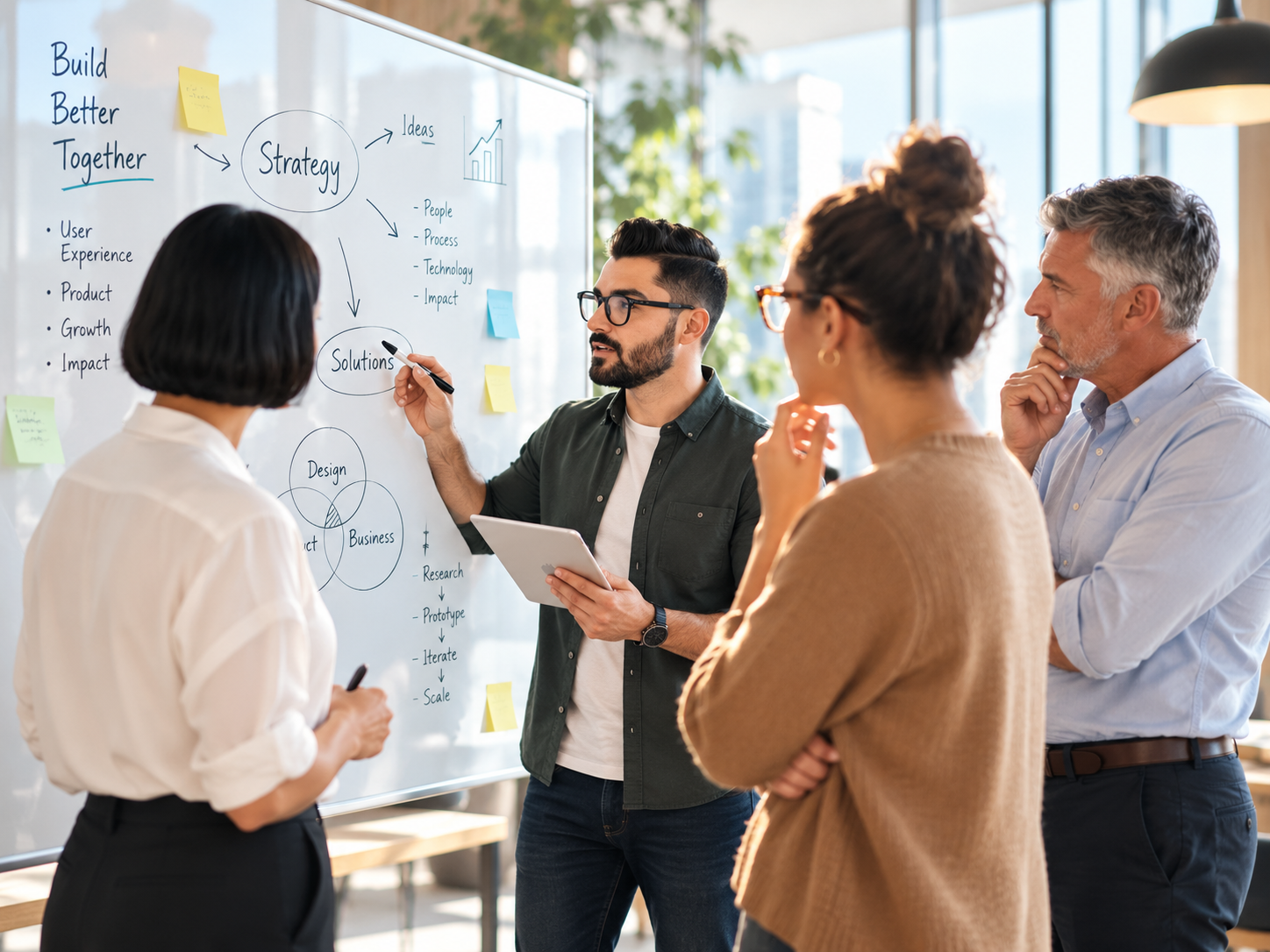 Leadership development session around a whiteboard